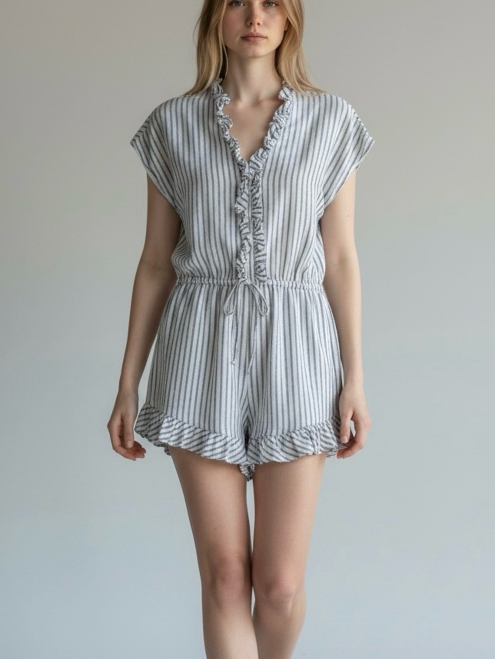 Elan Striped Ruffle Romper Sz M